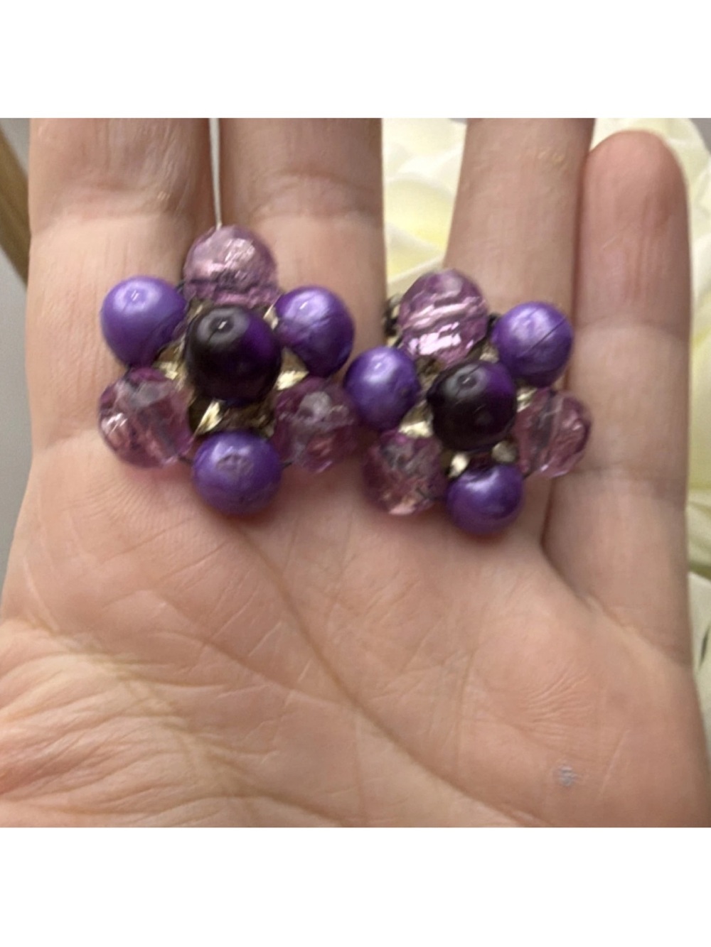Vintage Purple Cluster Bead Stud Earrings - Unbranded